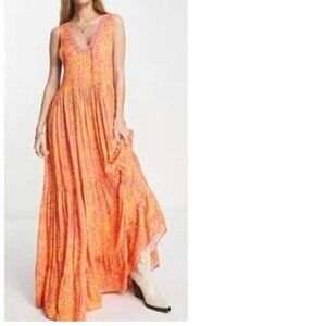 NEW FREE PEOPLE Tiers For You Maxi Dress Floral Pink Orange Size XS